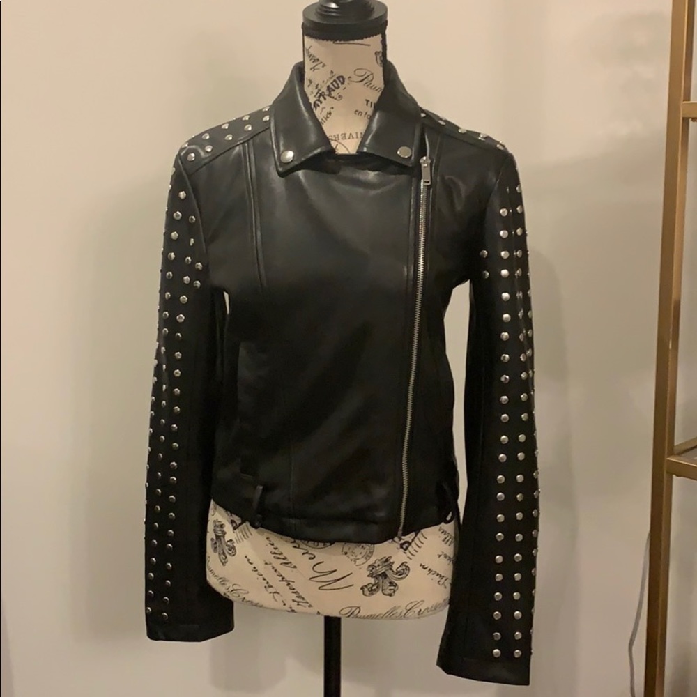 Black leather zip up jacket with silver buttons